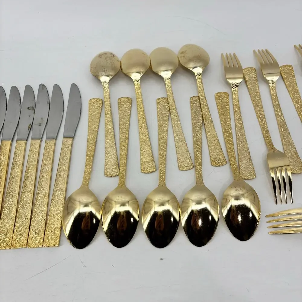 Vtg Hollywood Regency Dinner Spoons Fork Gold Stainless Steel 25 Pieces Japan